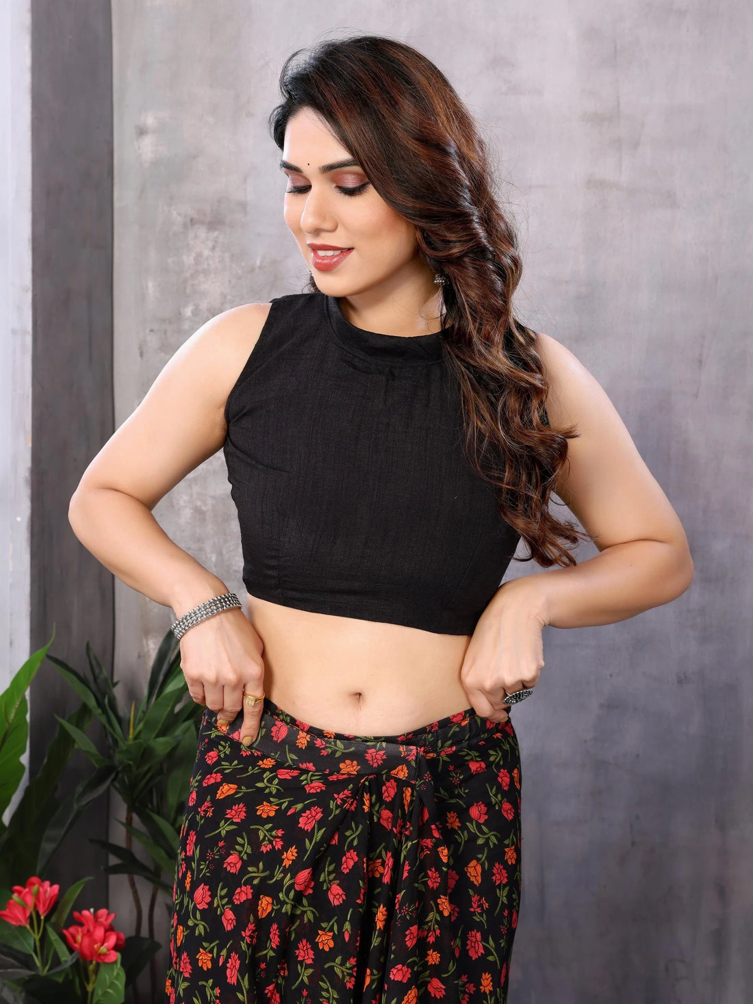 Black Georgette Red And Green Floral Prints Ready To Wear Saree  With Unstitched Blouse
