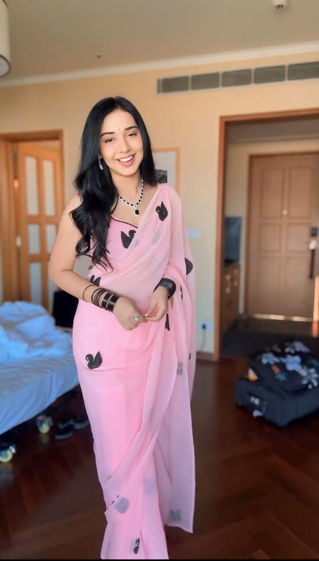 Baby Pink Shade Black Swan Motifs Georgette Ready To Wear Saree With Unstitched Blouse