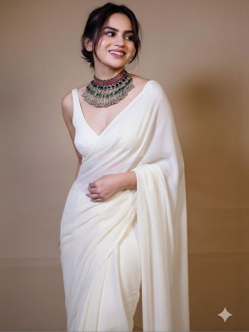 Premium White Fendy  Satin Ready to Wear Saree with Unstitched Blouse