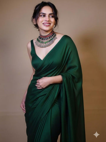Premium Green Fendy  Satin Ready to Wear Saree with Unstitched Blouse