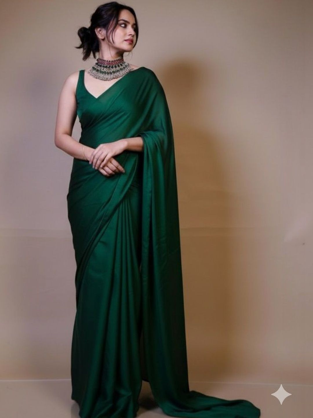 Premium Green Fendy  Satin Ready to Wear Saree with Unstitched Blouse