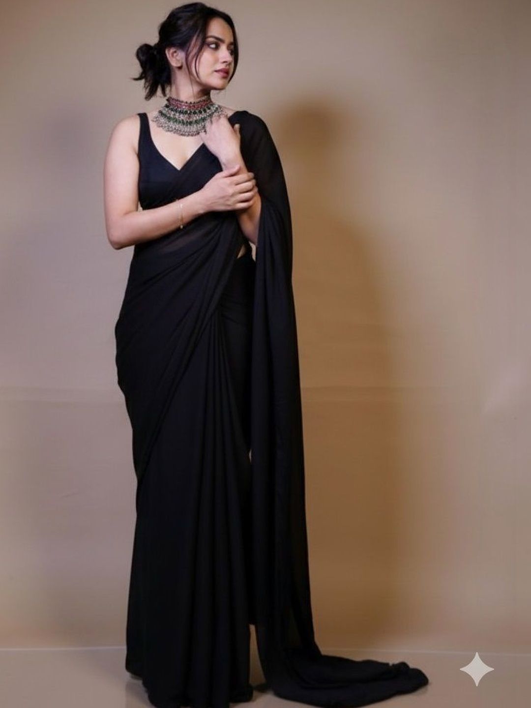 Premium Black Fendy Satin Ready to Wear Saree with Unstitched Blouse
