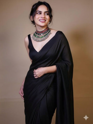 Premium Black Fendy Satin Ready to Wear Saree with Unstitched Blouse