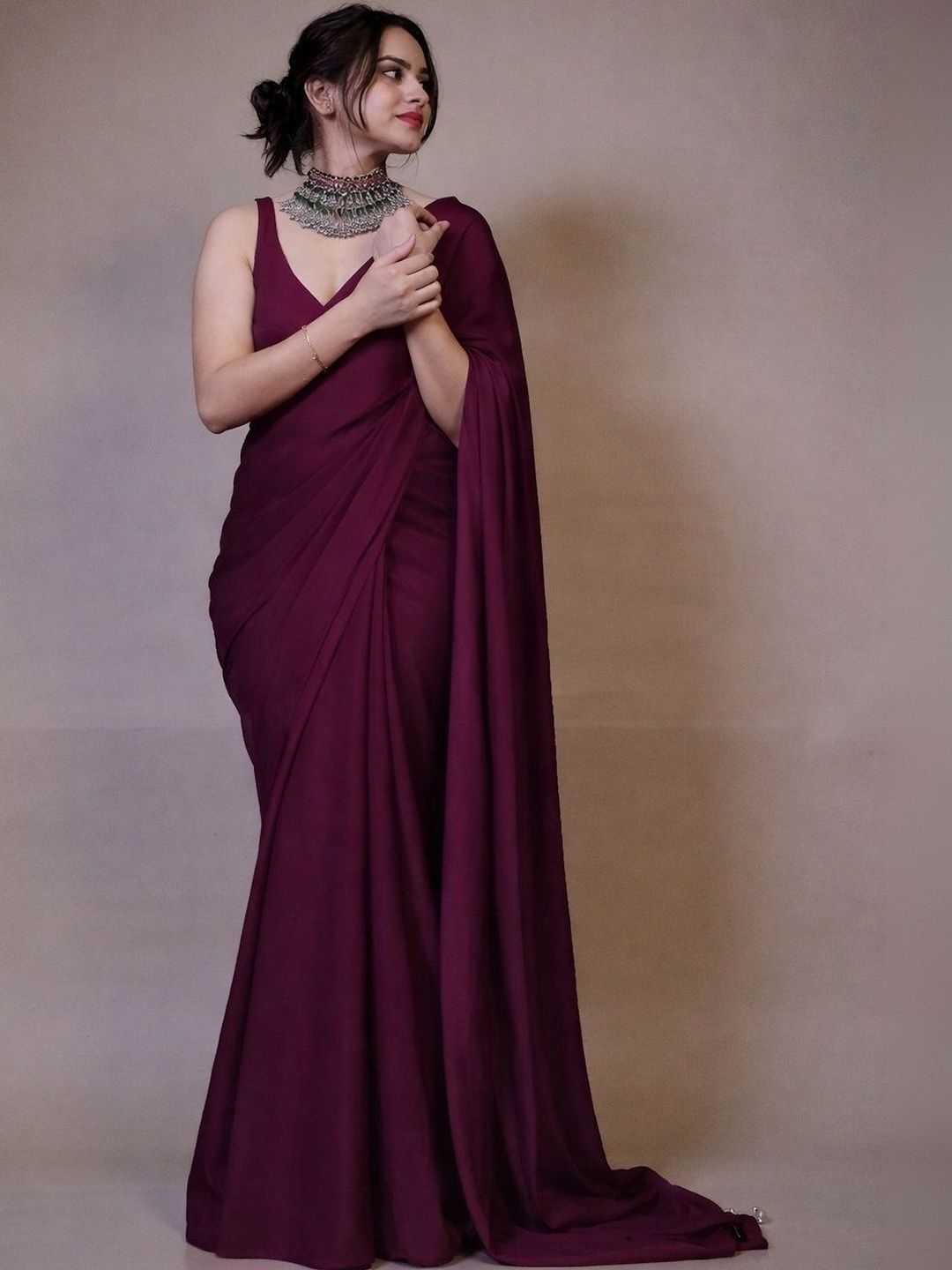 Premium Maroon Fendy  Satin Ready to Wear Saree with Unstitched Blouse