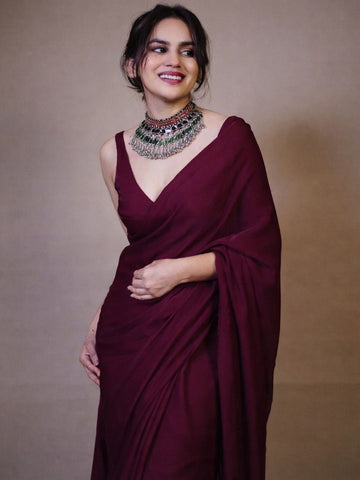 Premium Maroon Fendy  Satin Ready to Wear Saree with Unstitched Blouse