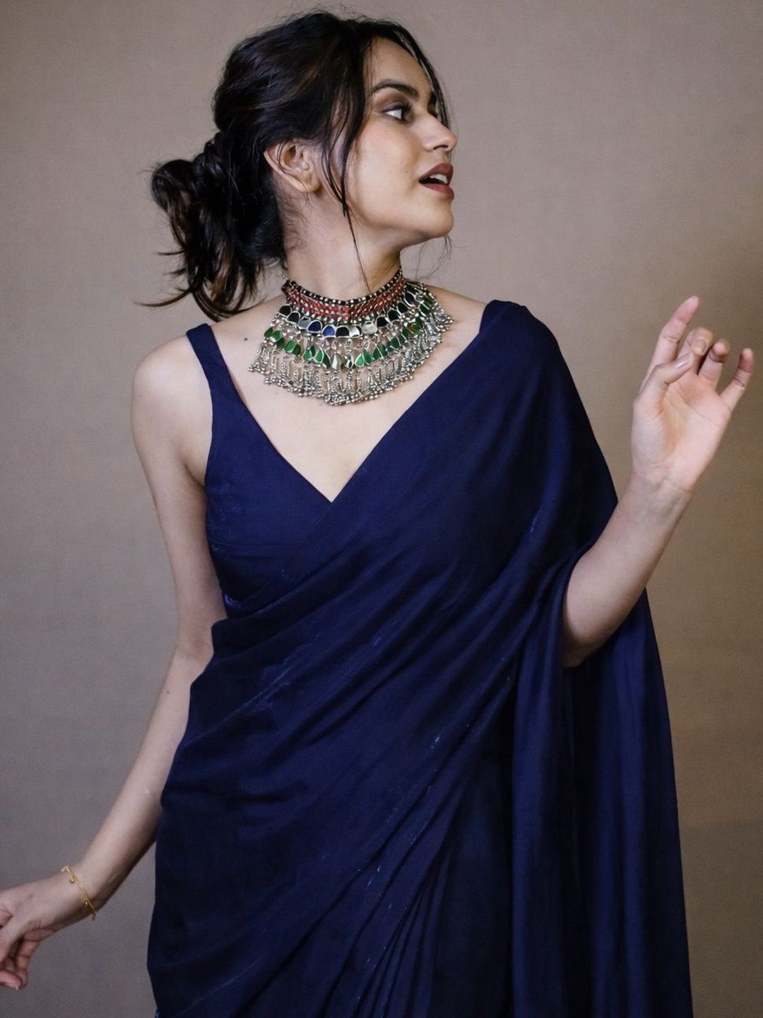 Premium Blue Fendy  Satin Ready to Wear Saree with Unstitched Blouse