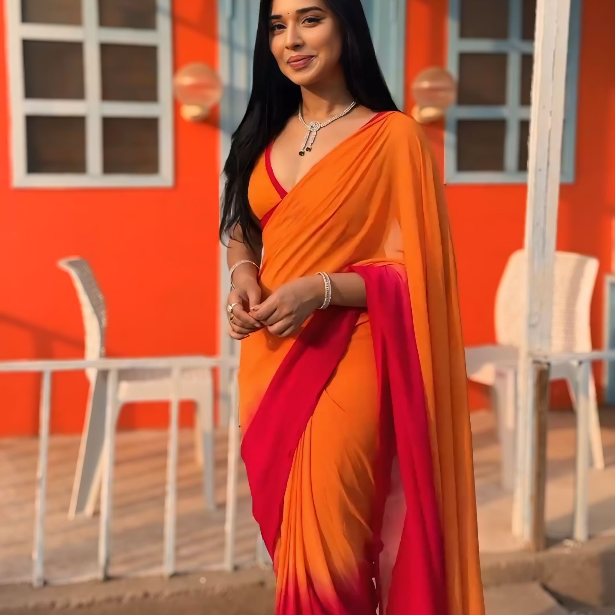 Orange And Red Color Combination With A Plain Yet Elegant Design  Georgette Ready To Wear Saree With Unstitched Blouse