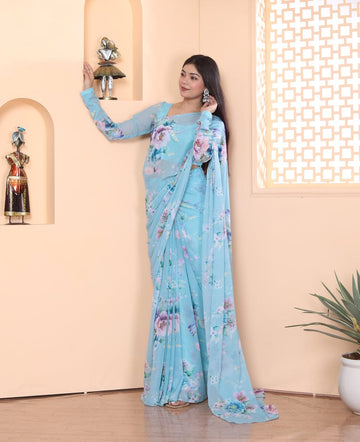 Sky Blue And Multi-color Floral Prints Georgette Ready To Wear Saree With Unstitched Blouse