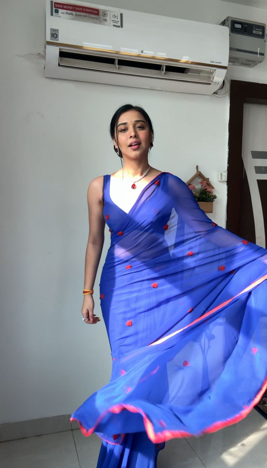 Royal Blue Shade With Small Red Embroidered Hearts Ready To Wear Saree With Unstitched Blouse