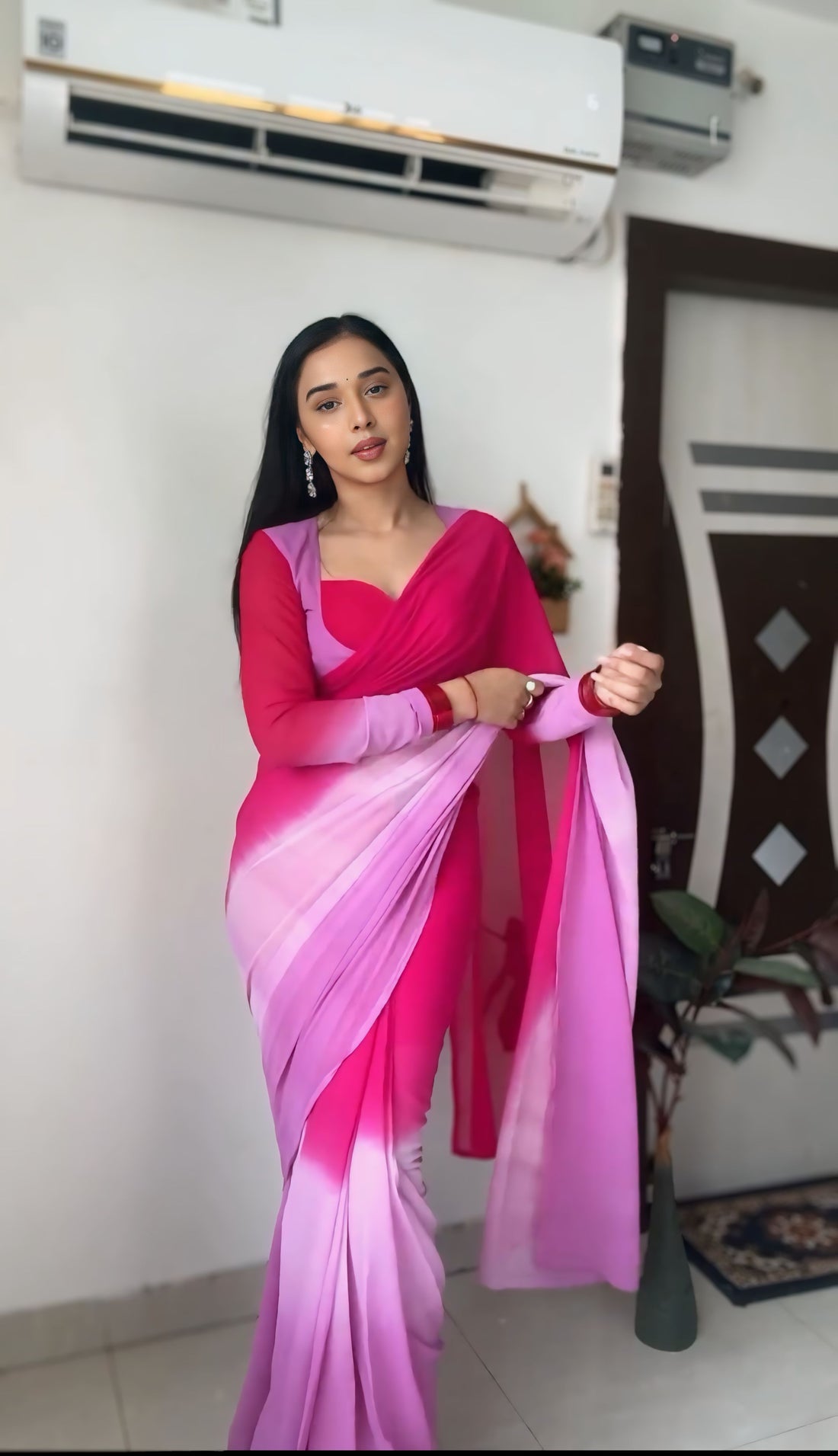 Pink To Lavender Georgette ombre design Ready To Wear Saree With Unstitched Blouse