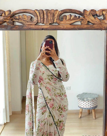 White,Pink And GreenFloral Print Georgette Ready To Wear Saree With Unstitched Blouse