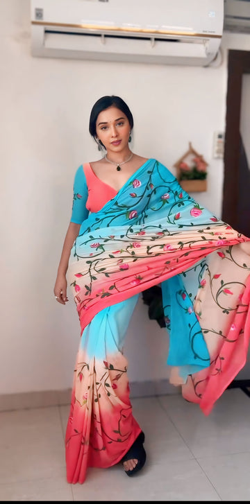 Sky Blue, Peach, And Coral Hues Organza Floral Print Ready To Wear Saree With Unstitched Blouse