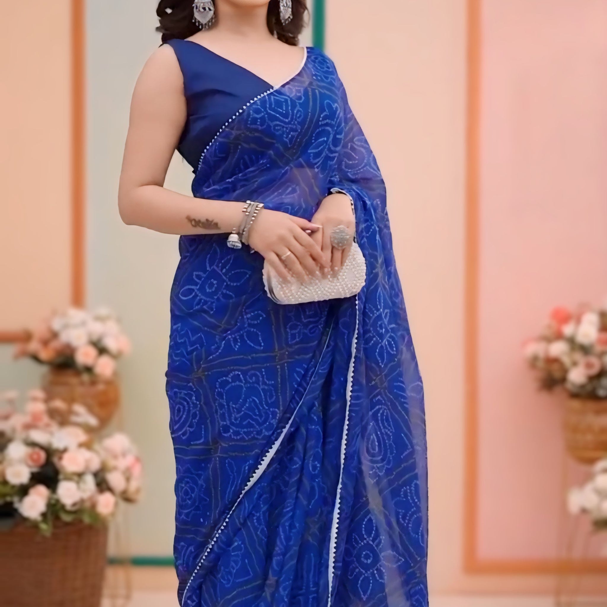 Royal Blue Georgette Bandhani Print With Golden Geometric Patterns Ready To Wear Saree With Unstitched Blouse