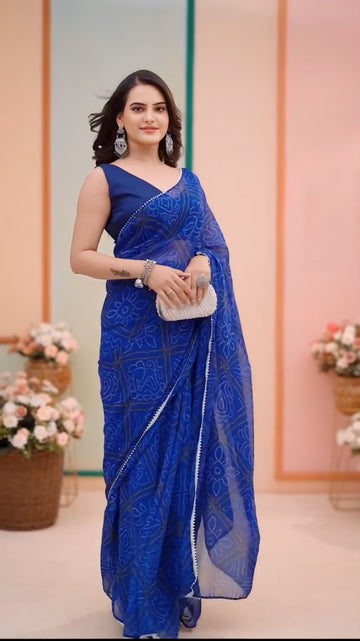 Royal Blue Georgette Bandhani Print With Golden Geometric Patterns Ready To Wear Saree With Unstitched Blouse