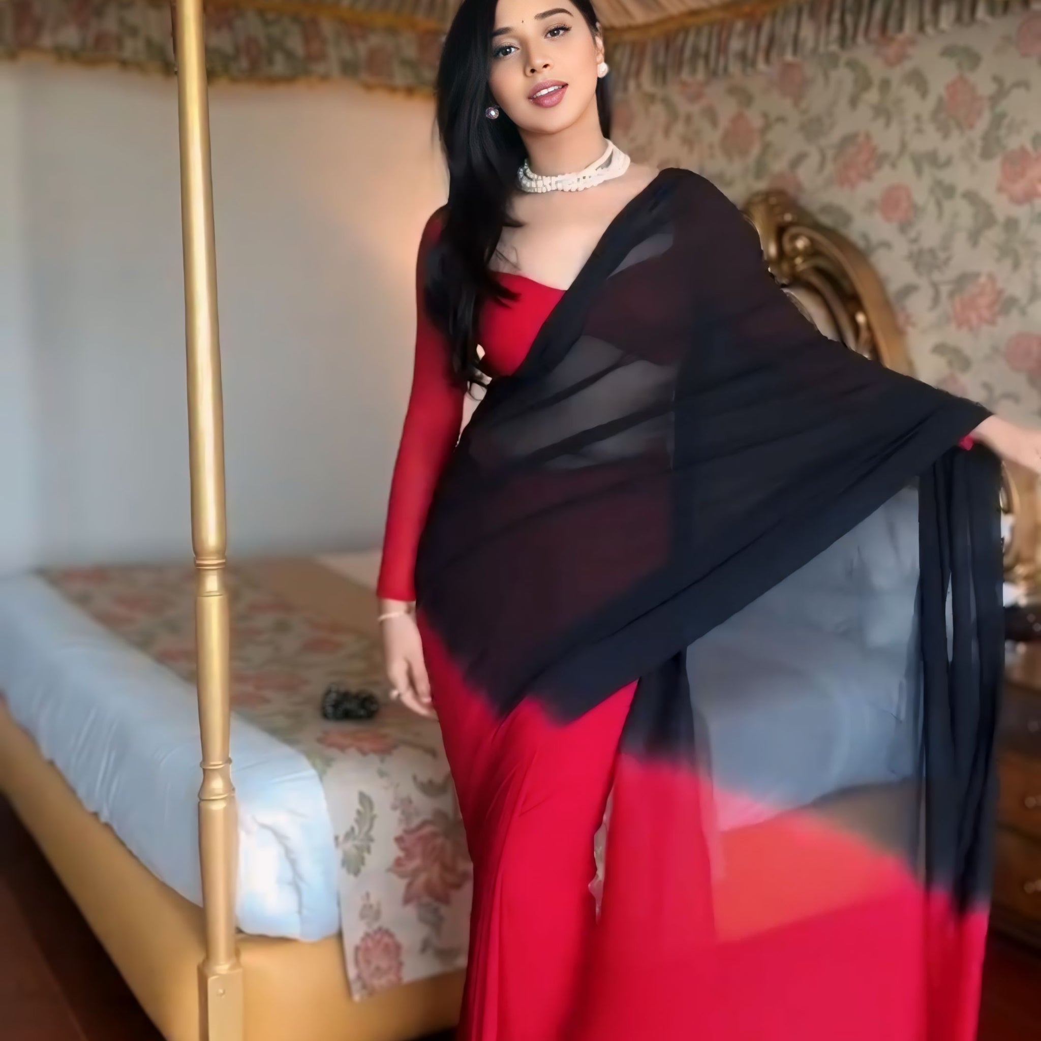 Red Black Ombre Effect Georgette Ready To Wear Saree With Unstitched Blouse