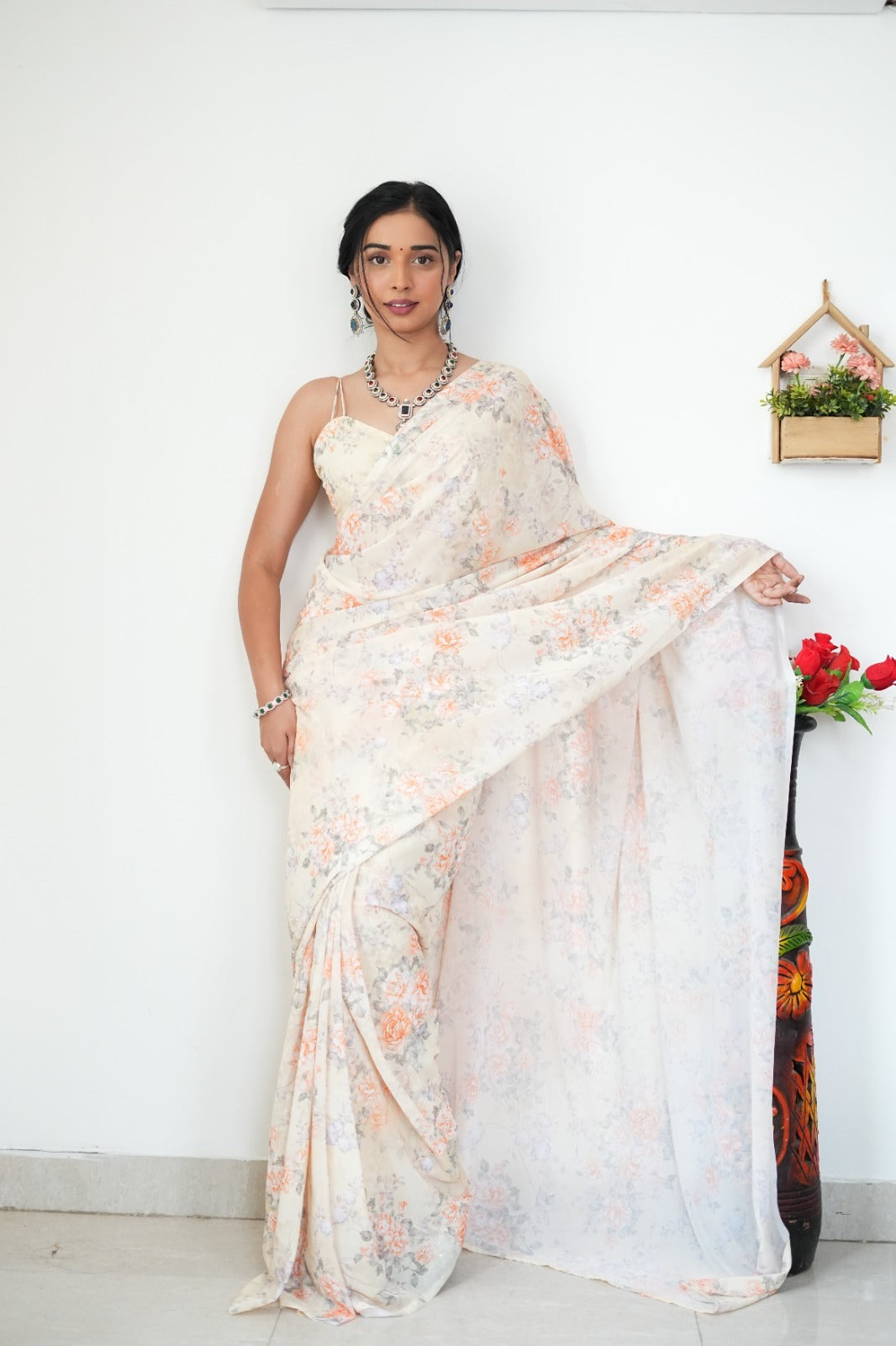 Light Cream With Pastel Orange And Lilac Floral Prints Georgette Ready To Wear Saree With Unstitched Blouse