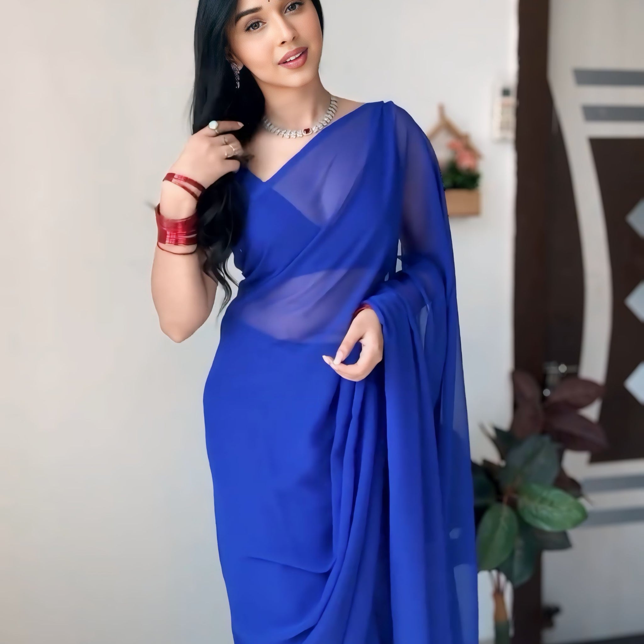 Royal Blue Color,Plain Elegant Georgette Ready To Wear Saree With Unstitched Blouse