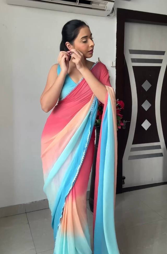 Pink, Olive Green, Aqua Blue, And Purple Omber Pattern Georgette Ready To Wear Saree With Unstitched Blouse