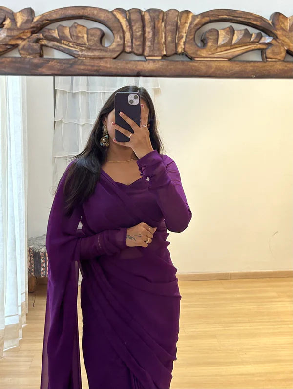 Purple Elegant Design Georgette Ready To Wear Saree With Unstitched Blouse