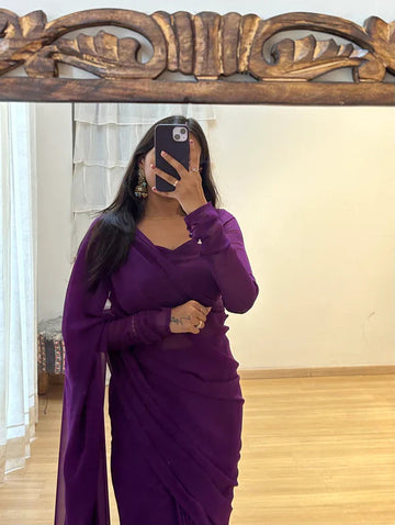 Purple Elegant Design Georgette Ready To Wear Saree With Unstitched Blouse