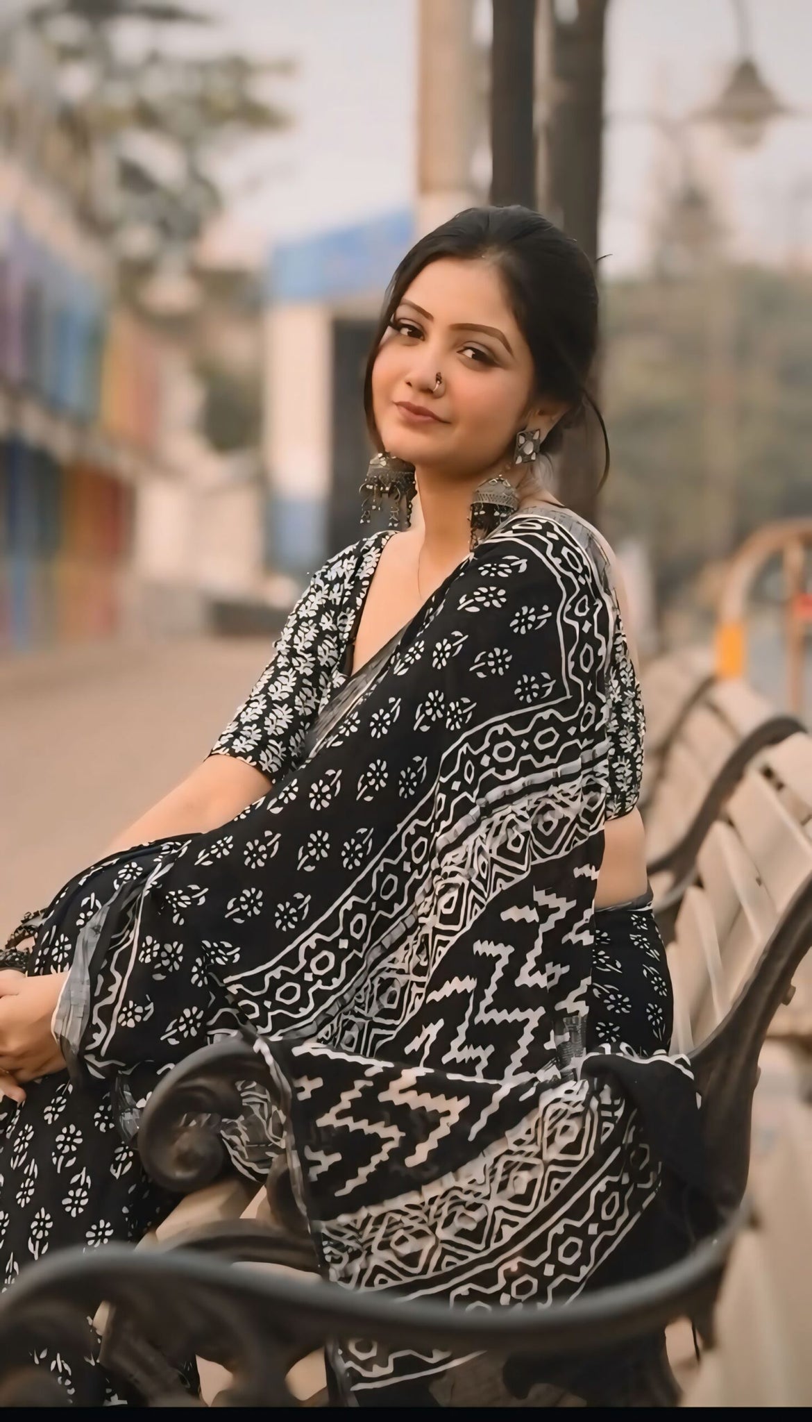 Black Color Soft Linen Bagru Print Ready To Wear Saree With Unstitched Blouse
