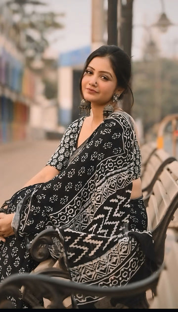 Black Color Soft Linen Bagru Print Ready To Wear Saree With Unstitched Blouse