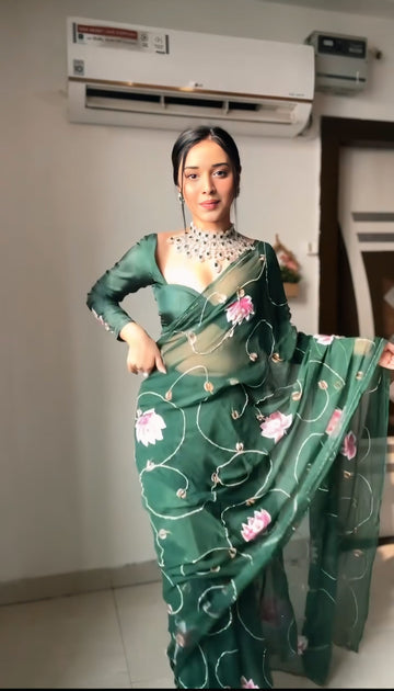 Dark Green Pink Lotus Floral Embroidery And Delicate White Thread Work Ready To Wear Saree With Designer Unstitched Blouse