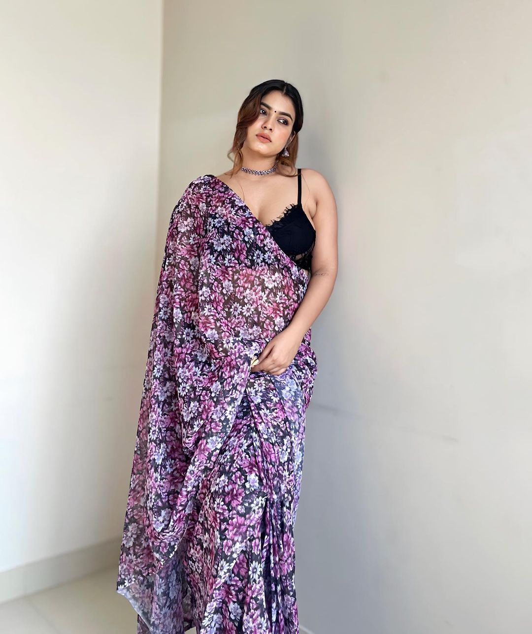 Purple, Pink, And Black Floral Print Georgette Ready To Wear Saree With Unstitched Blouse