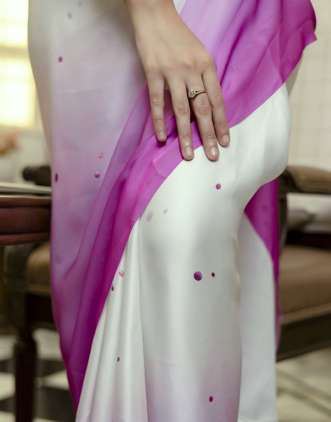 Purple-White Chinon Silk Designer Saree with Freehand Shaded Print with blouse