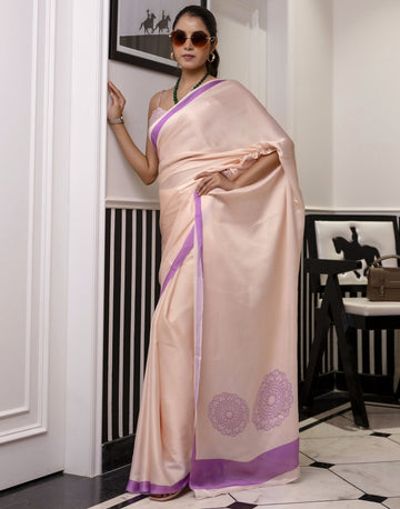 Peach-pink chinon silk Saree with freehand print work with blouse