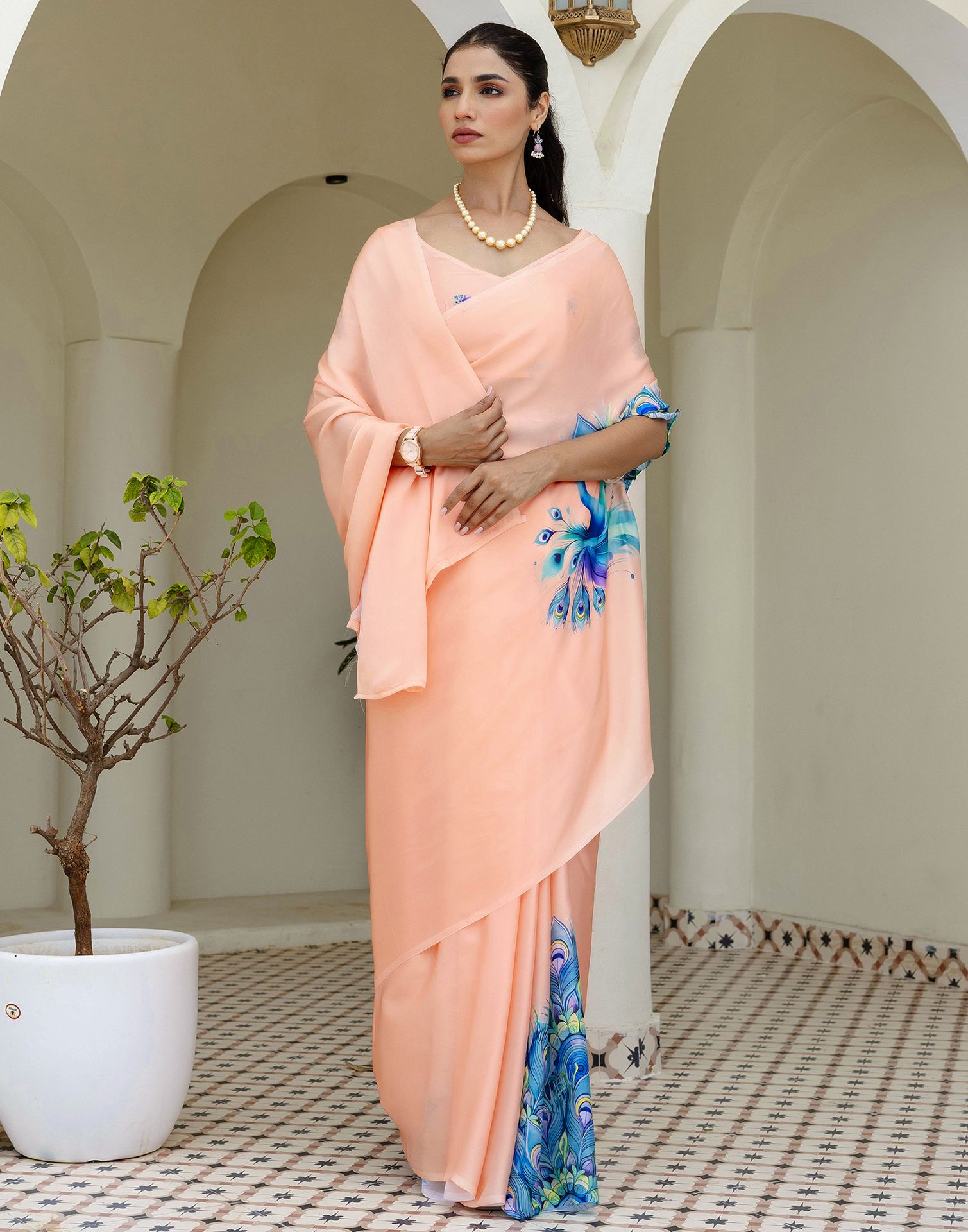 Peach Chinon Silk Designer Saree with Freehand Peacock Print with blouse