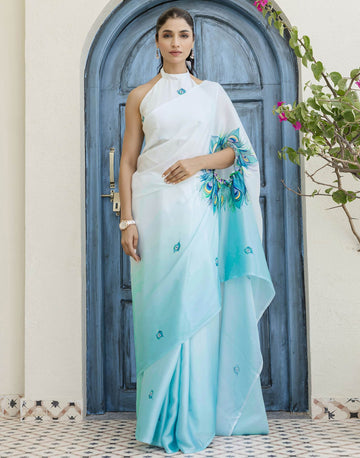 White-aqua blue chinon silk Saree with peacock feather print work with blouse