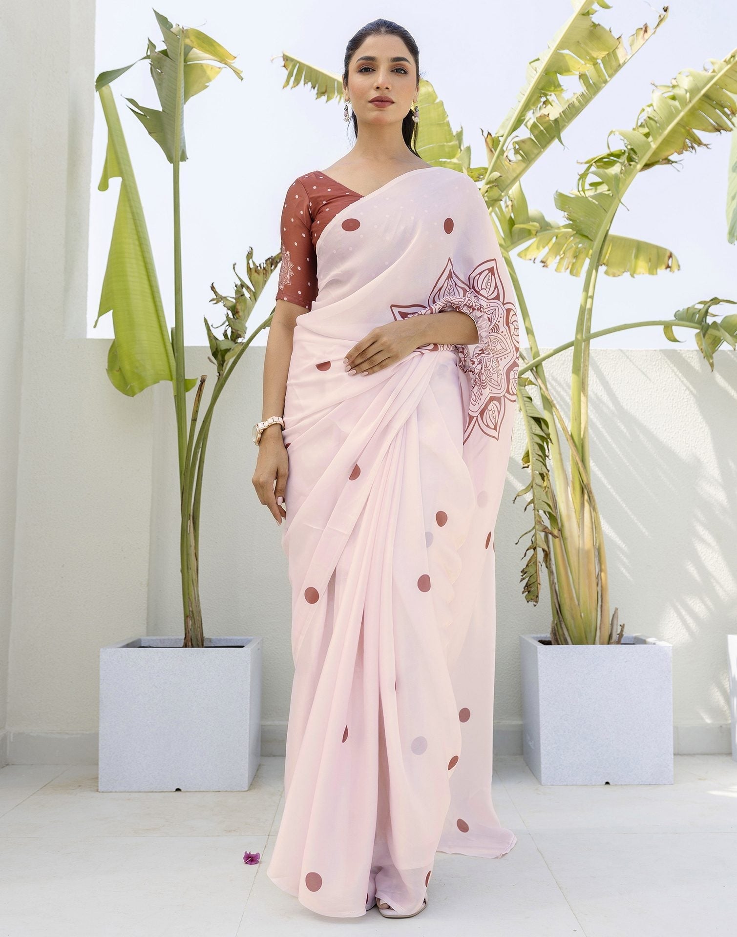 Brown-Off White Chinon Silk Designer Saree with Freehand Mandala Print with blouse