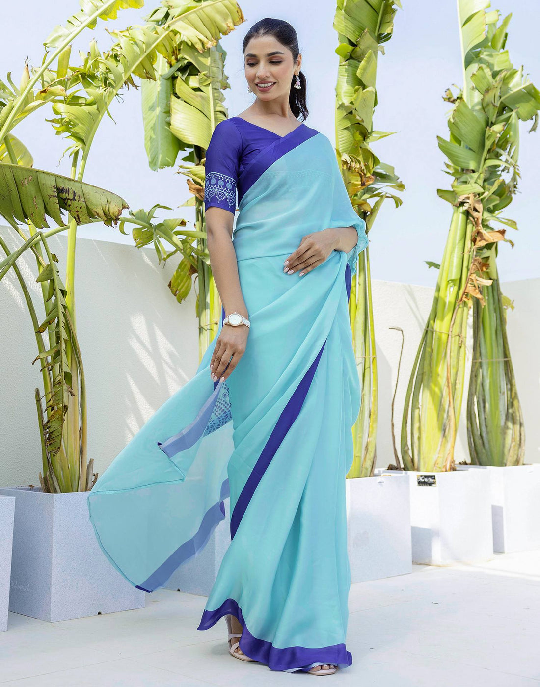 Aqua blue chinon silk Saree with contrast border work with blouse