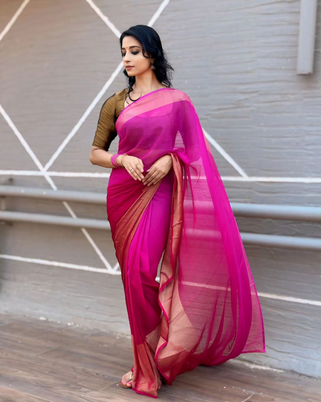 Rani Pink Base Small Shiny Golden Border Chiffon Ready To Wear Saree With Unstitched Blouse