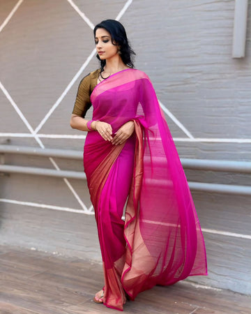 Rani Pink Base Small Shiny Golden Border Chiffon Ready To Wear Saree With Unstitched Blouse