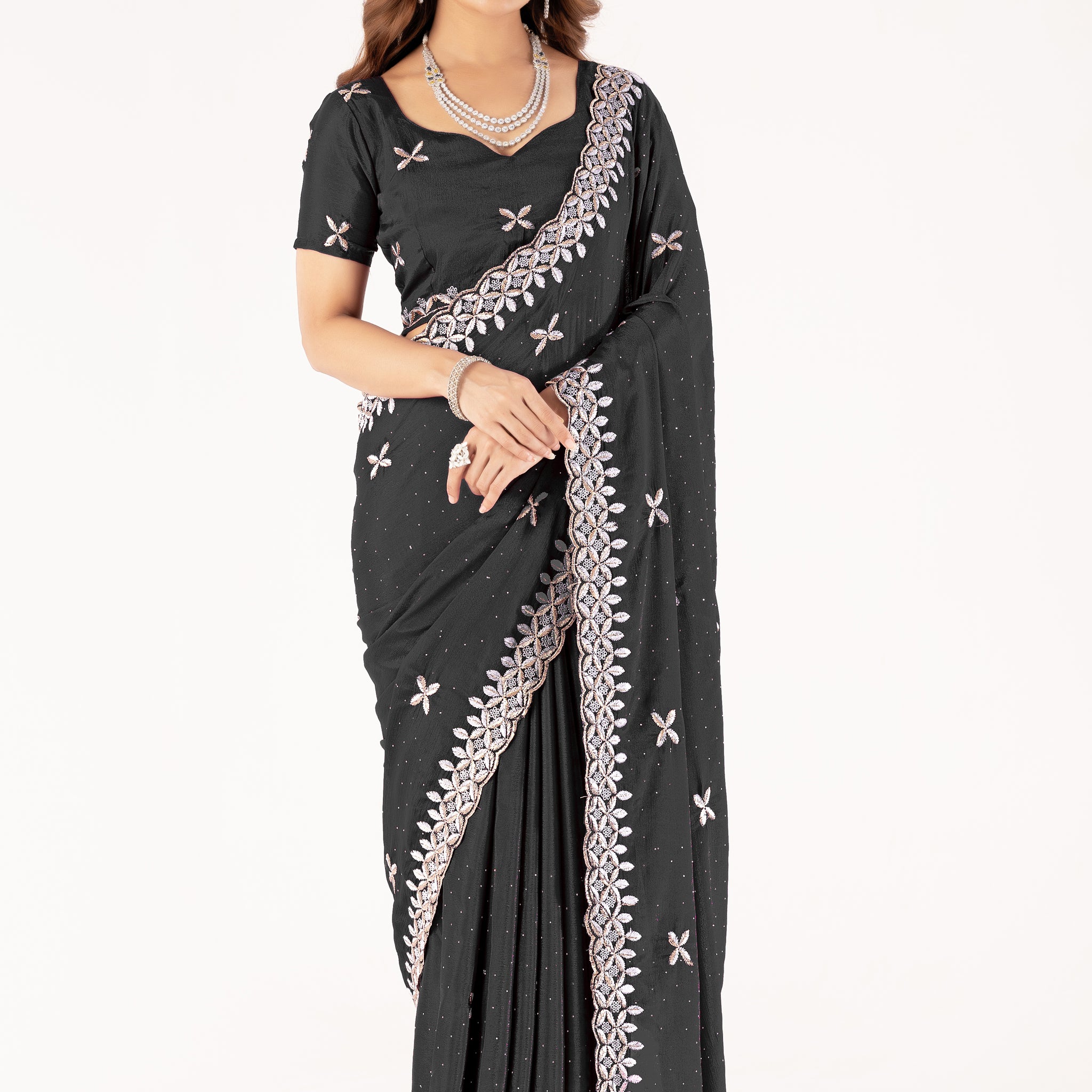 Black Chinon Saree with Intricate Embroidery & Swarovski Work  Elegant Party & Festive Wear