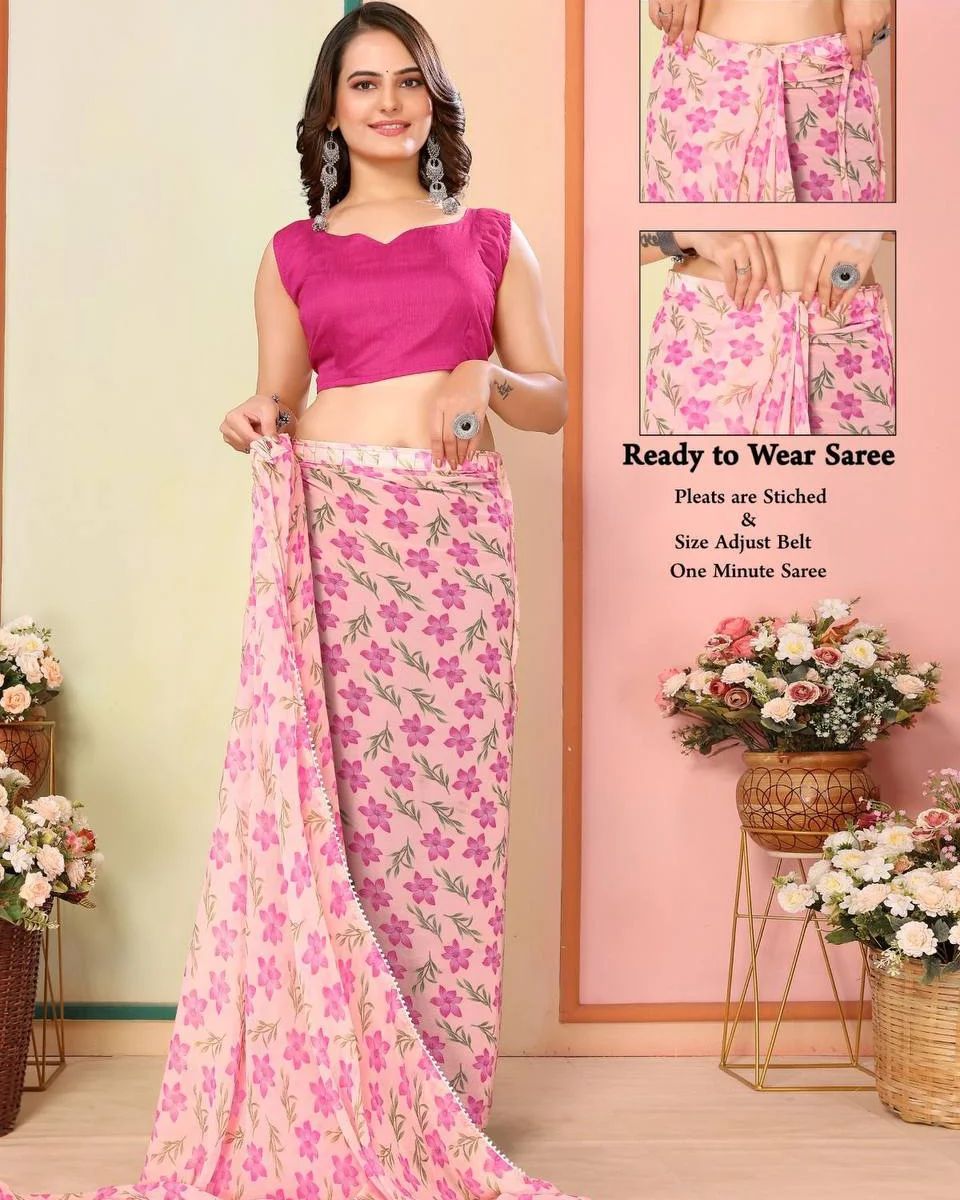 Soft Pink Floral Prints And Lace Border Georgette Ready To Wear Saree With Unstitched Blouse