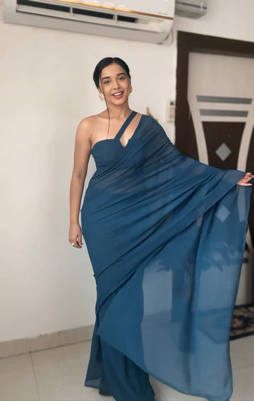 Teal,Rama Color, Plain Elegant  Georgette Ready To Wear Saree With Unstitched Blouse