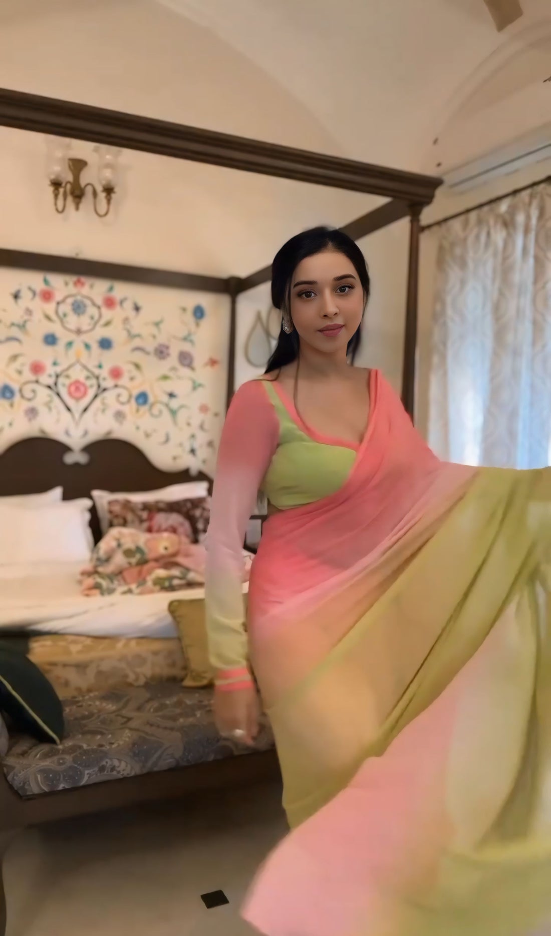 Pastel Yellow And Pink Shades Georgette Soft Ombre Blend Ready To Wear Saree With Unstitched Blouse