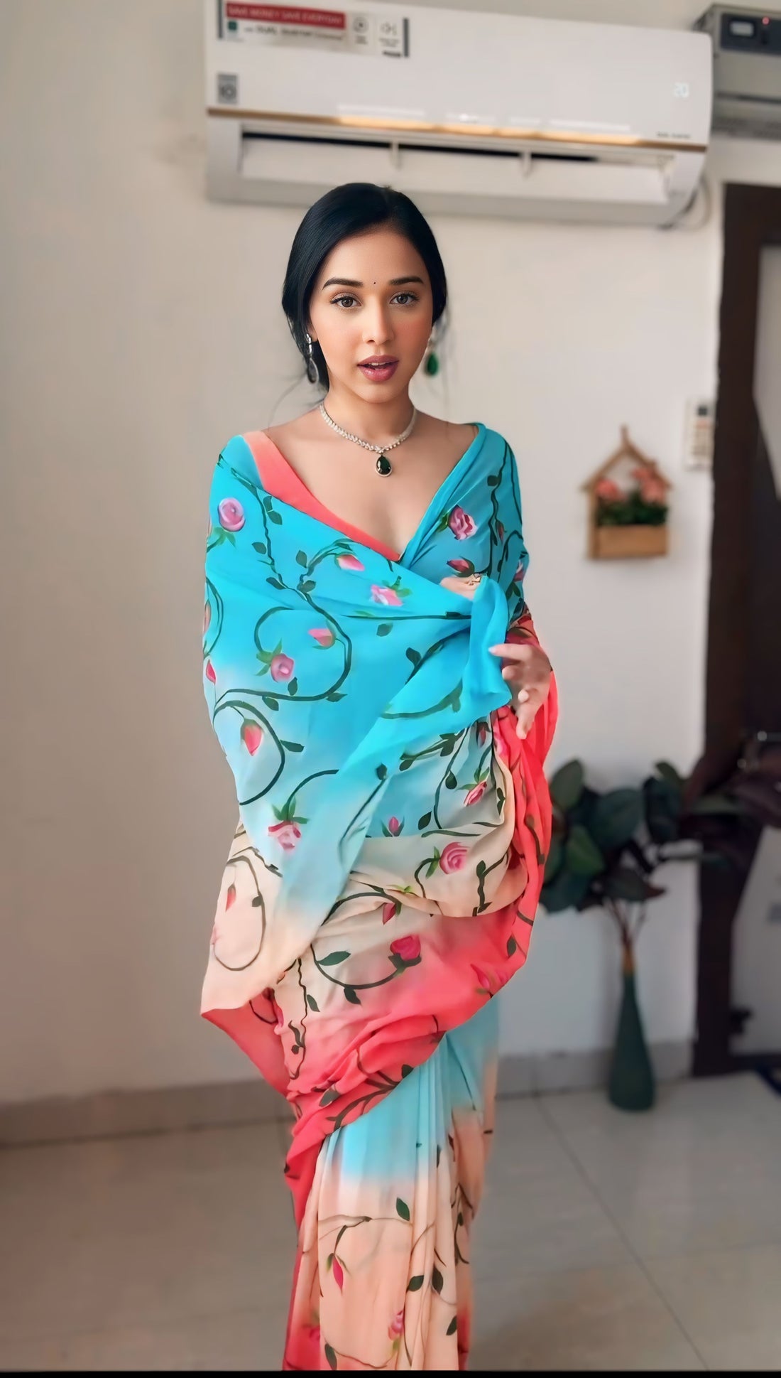 Sky Blue, Peach, And Coral Hues Organza Floral Print Ready To Wear Saree With Unstitched Blouse