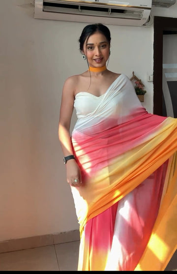White, Pink, Yellow, And Orange Color Ombre Saree Georgette Ready To Wear Saree With Unstitched Blouse
