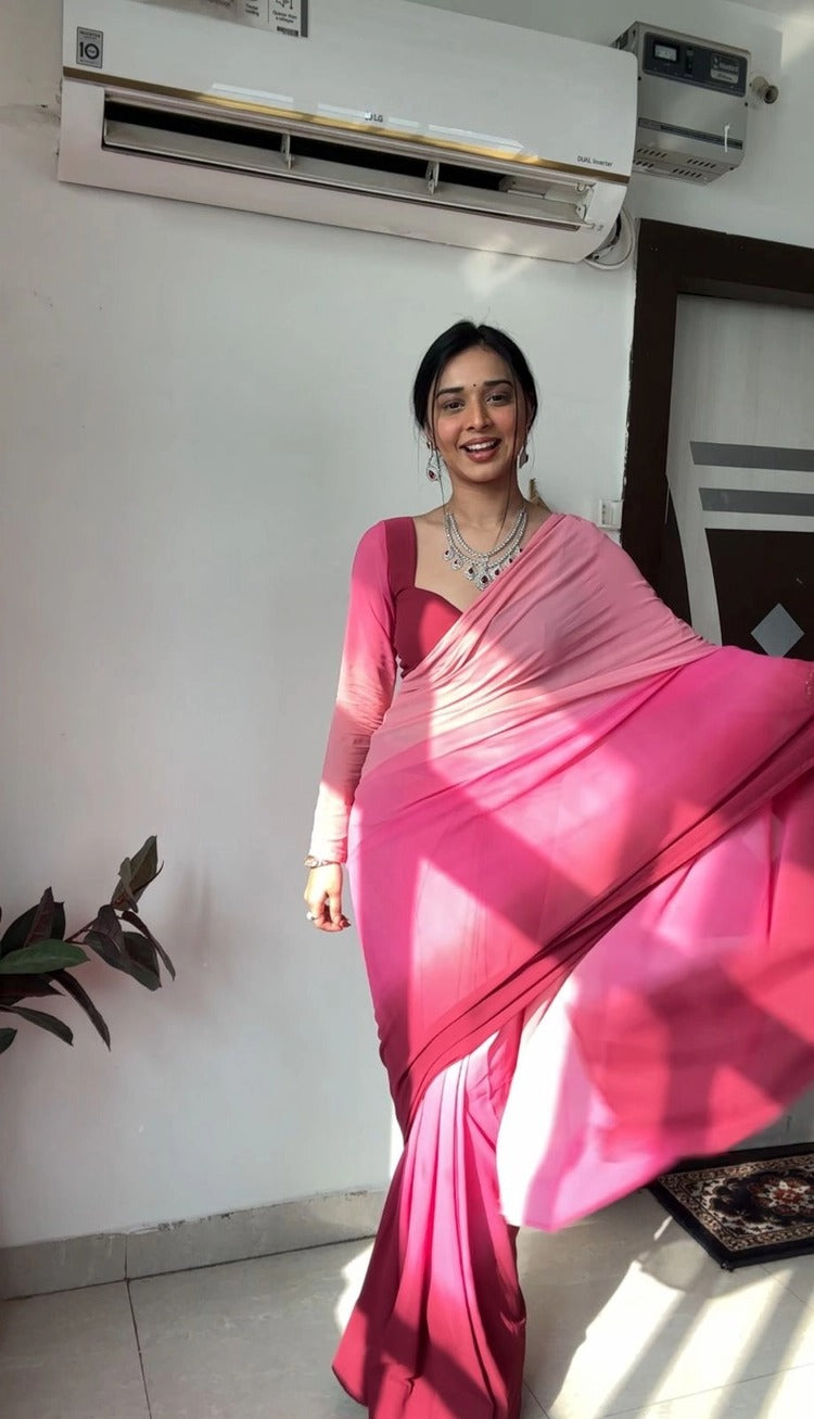 Light Pink And Dark Pink Omberv Print Georgette Ready To Wear Saree With Unstitched Blouse