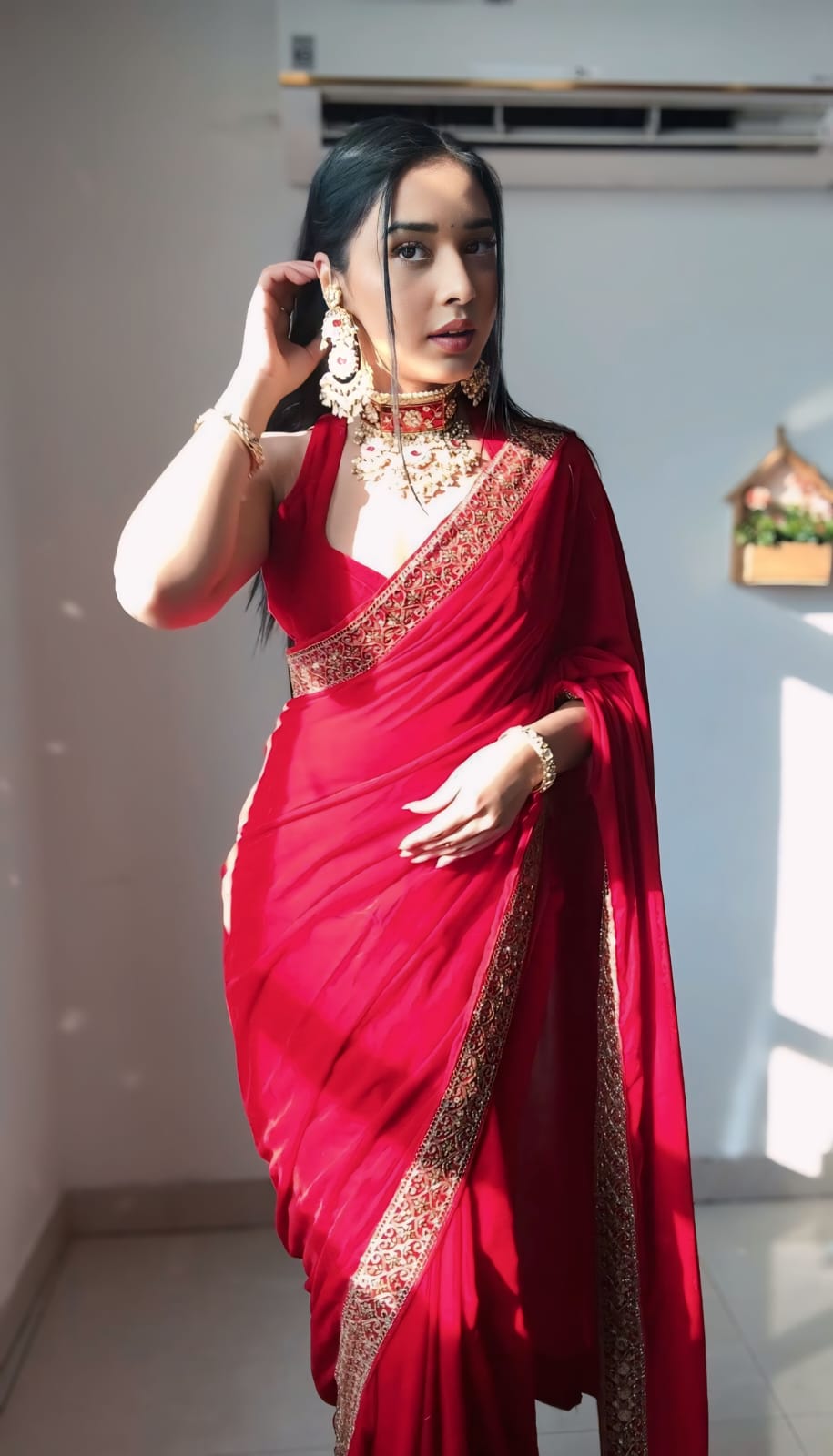 Red Color Golden Sequin Border Velvet Ready To Wear Saree With Unstitched Blouse