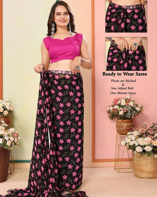 Black ink Floral Prints And Border Georgette Ready To Wear Saree With Unstitched Blouse