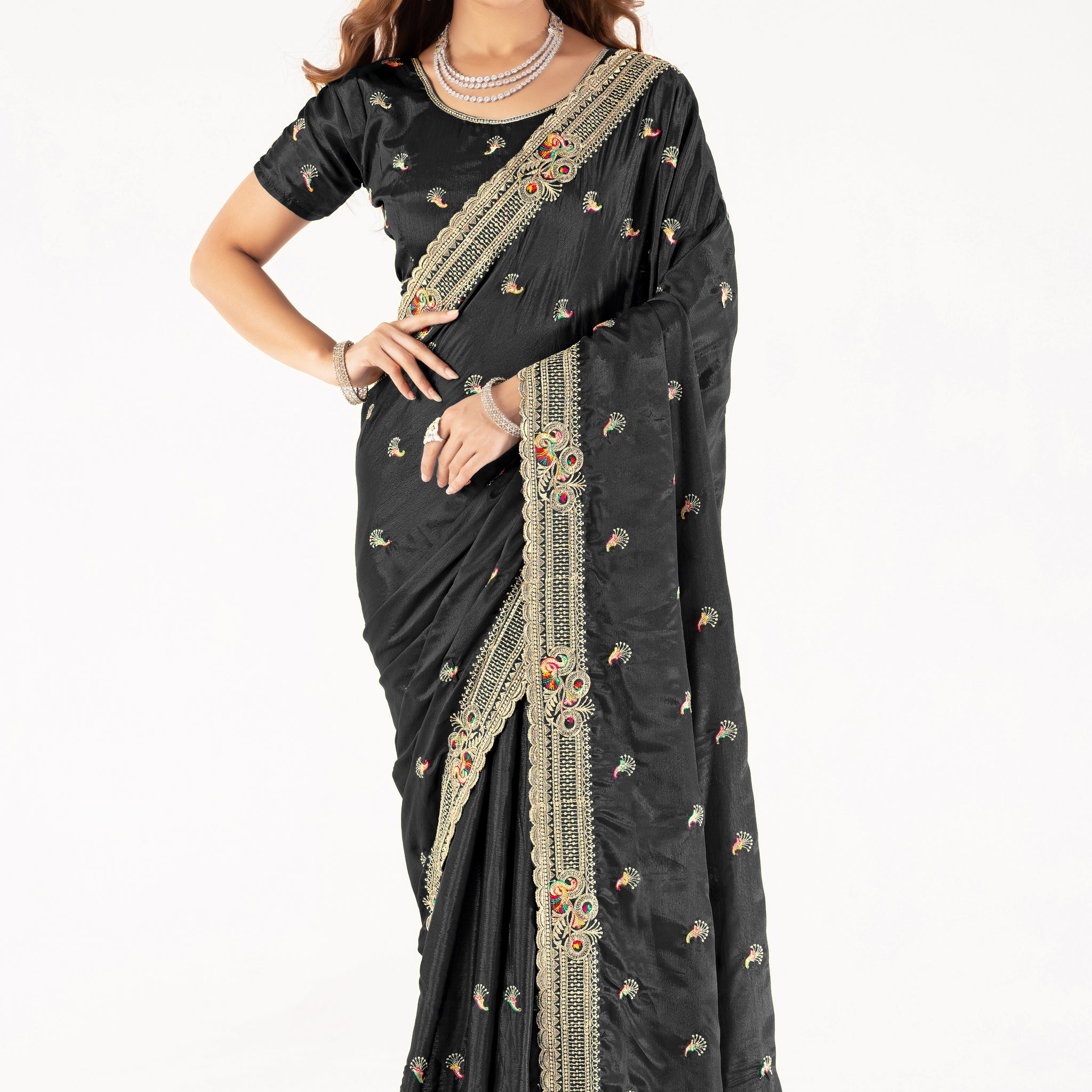 Elegant Black Embroidered Saree with Designer Border & Matching Blouse  Party & Festive Wear