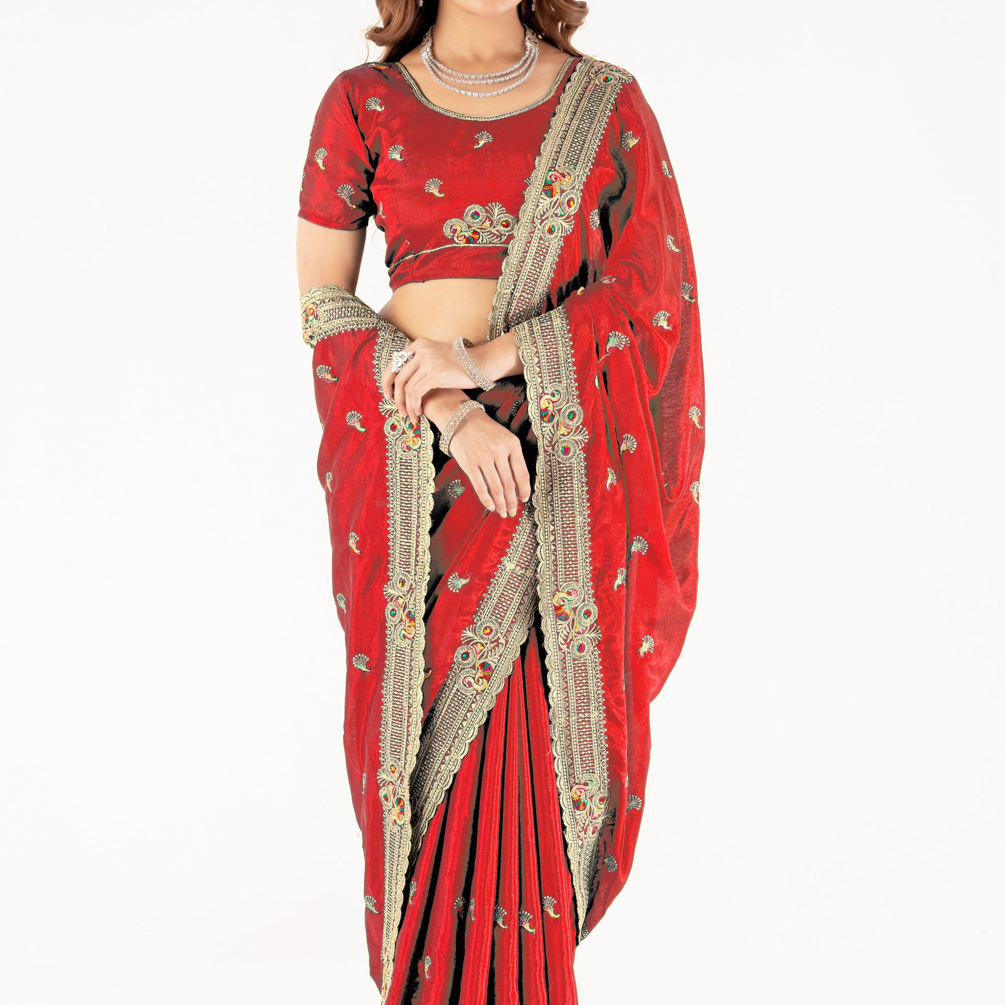 Elegant Red Embroidered Saree with Designer Border & Matching Blouse  Party & Festive Wear