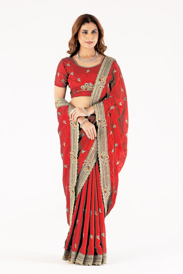 Elegant Red Embroidered Saree with Designer Border & Matching Blouse  Party & Festive Wear