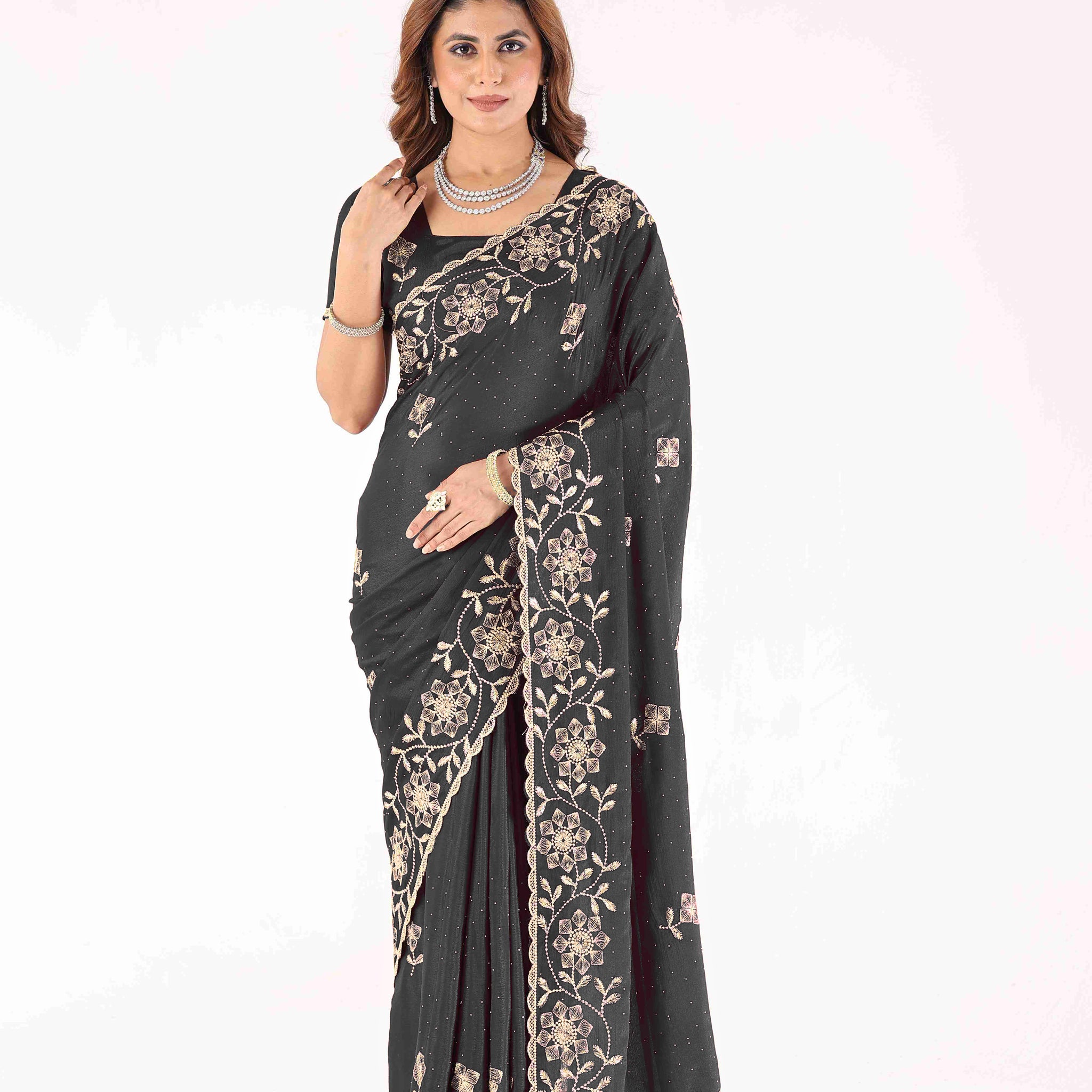 Black Embroidered Saree with Floral Zari Work & Designer Blouse  Festive & Wedding Collection