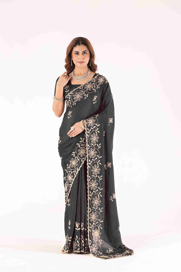 Black Embroidered Saree with Floral Zari Work & Designer Blouse  Festive & Wedding Collection